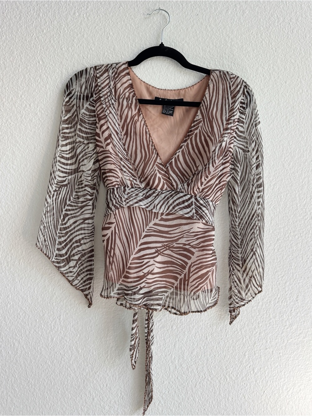 ECI Y2K Sheer Zebra-Print Wrap Top with Beading in Blush Brown